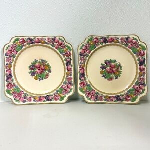 Crown Ducal Florentine England Square Dessert Plate Set 2 Fruit Floral 7.5" READ